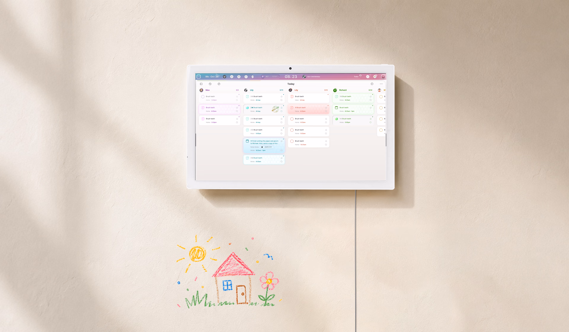 Odic Board mounted on a kitchen wall, showing each family member's tasks for the day