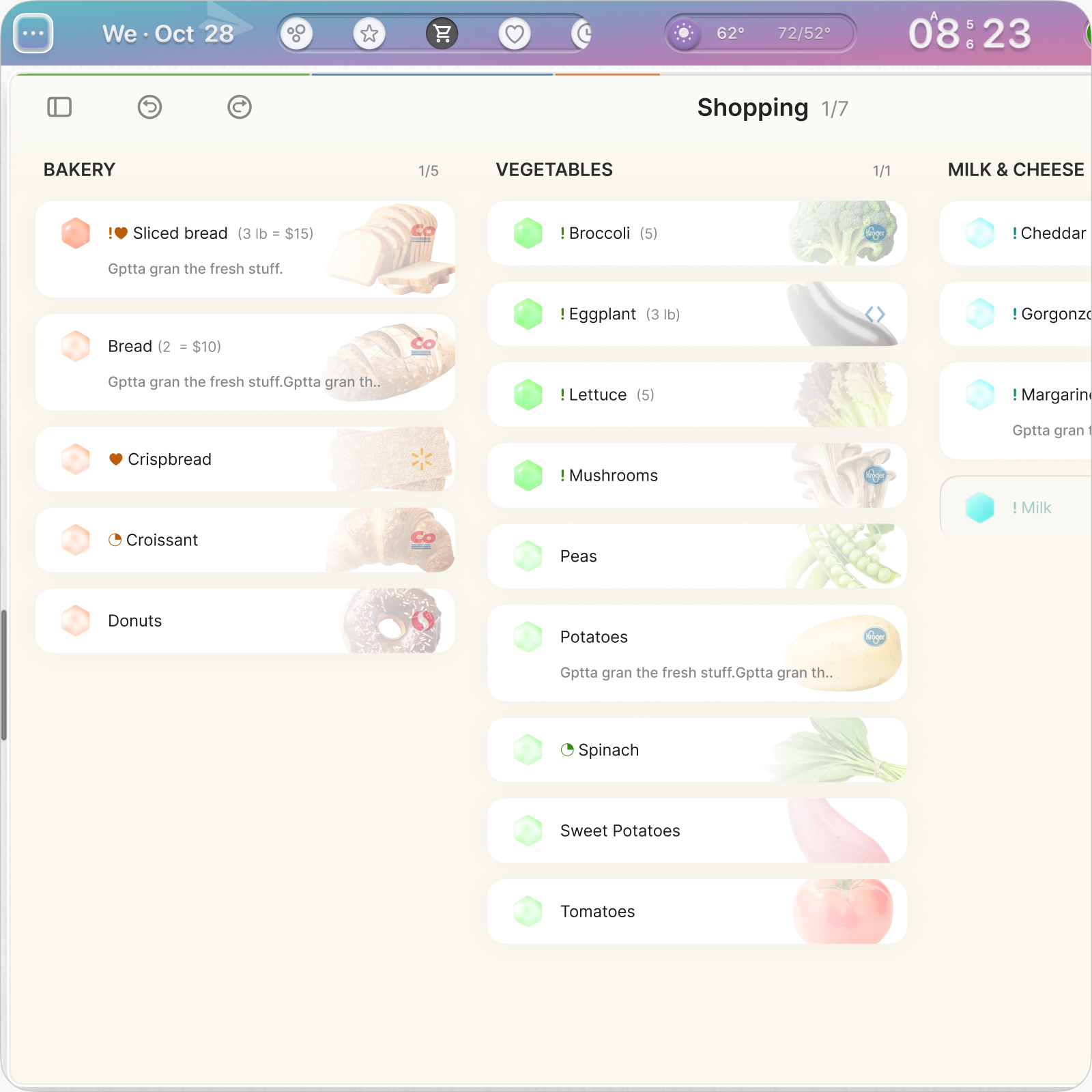 Shared grocery list on Odic Board, organized into food categories