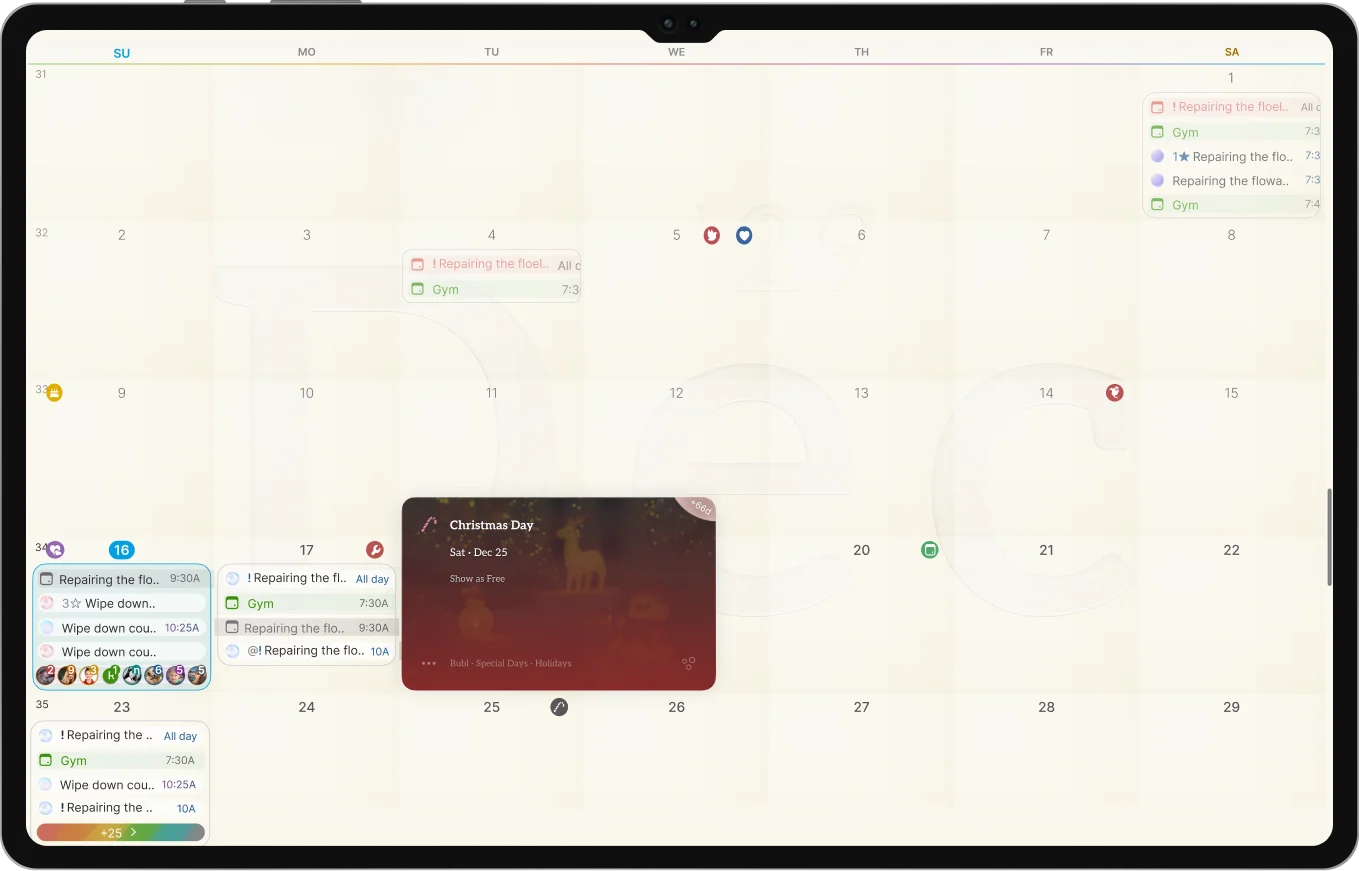 Odic web app calendar view, showing family events and a holiday reminder